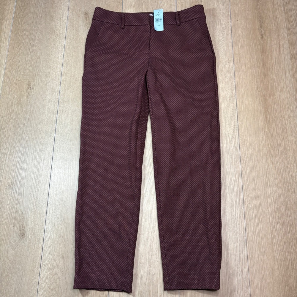 LOFT Riviera Slim Pants Maroon Geometric Floral Print Petite 4P Office Career
